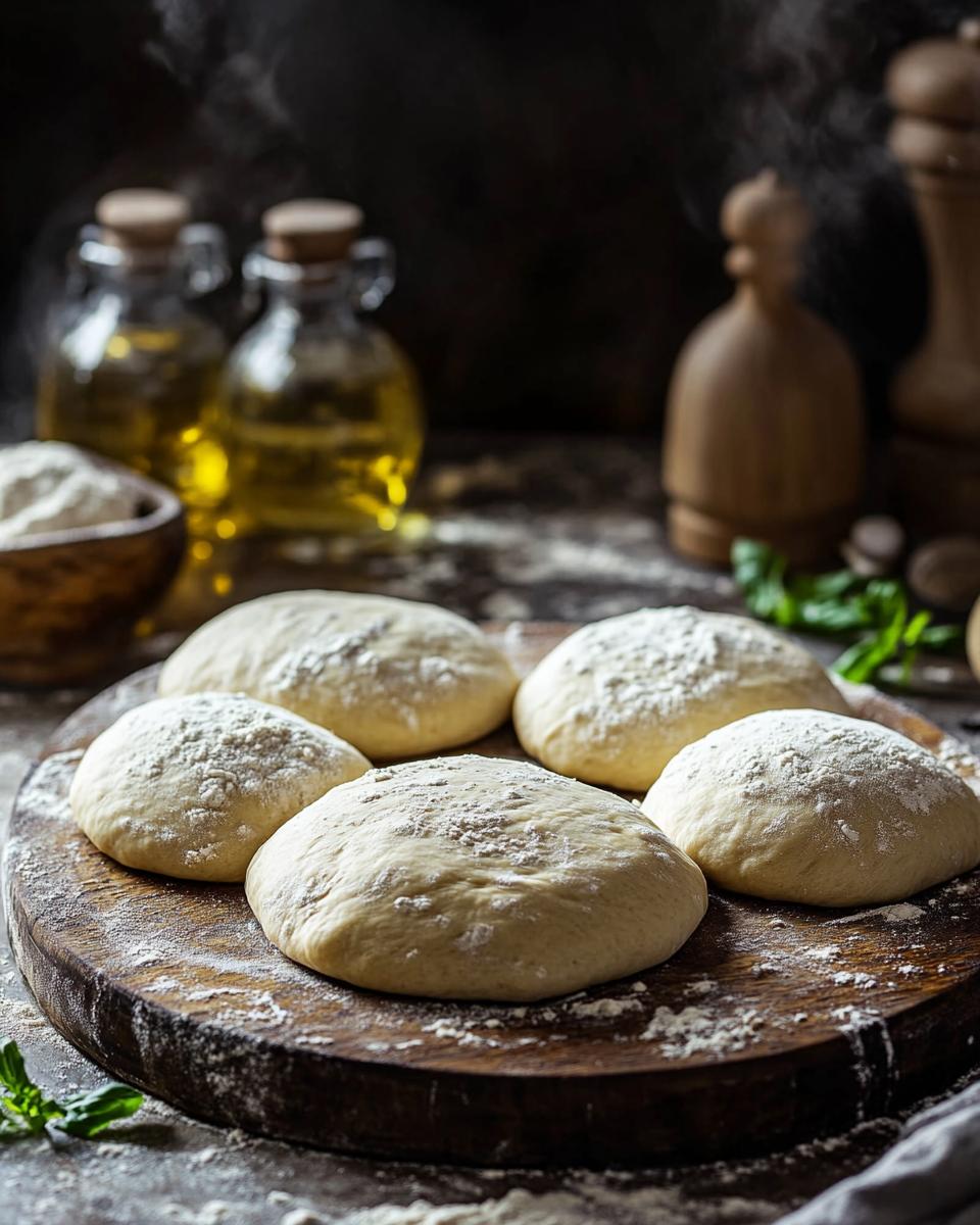 "Homemade 00 flour pizza dough recipe being prepared on a wooden surface in a kitchen."