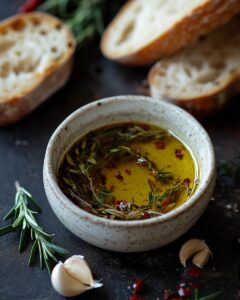 "Savory bread dipping oil recipe with fresh herbs and garlic cloves on a table."