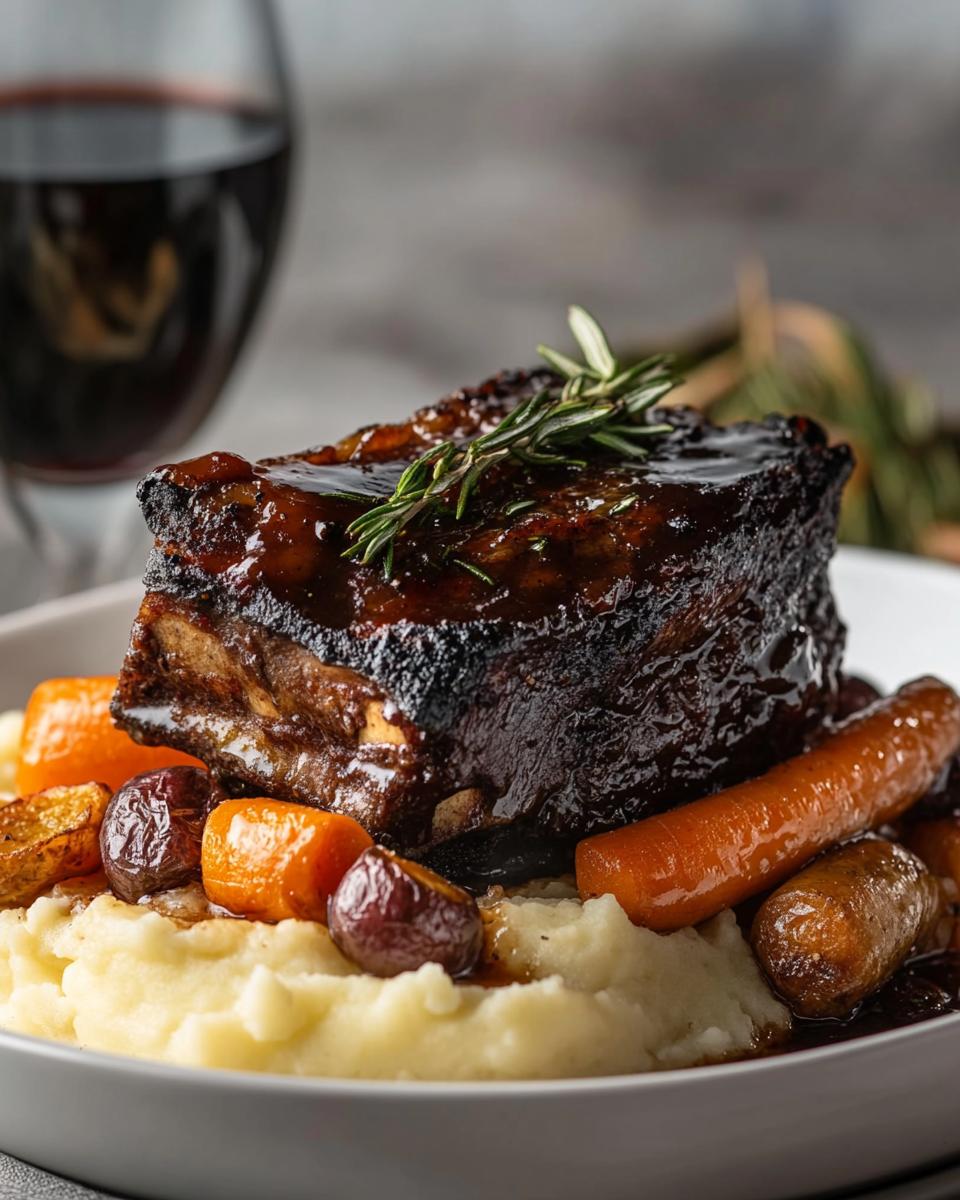 "Delicious recipe for beef short ribs with essential tools and difficulty level guide."