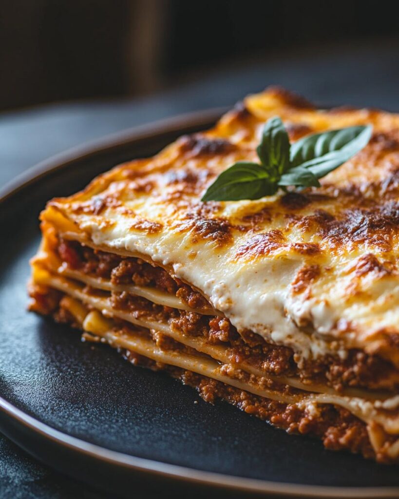 Lasagna recipe without ricotta cheese; easy level, ingredients and instructions shown.