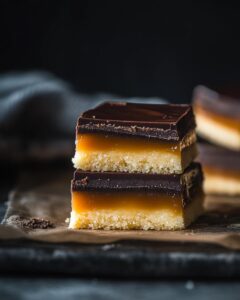 "Step-by-step millionaire shortbread recipe: ingredients and difficulty level details."