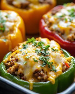 "Colorful stuffed pepper recipe with rice on a white plate, ready to serve at dinner."