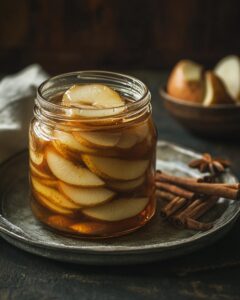 "Ingredients and tools for pear preserves recipe on a rustic kitchen table."