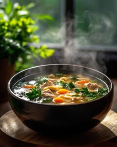 "Ingredients and instructions for Italian penicillin soup recipe on a wooden kitchen table."