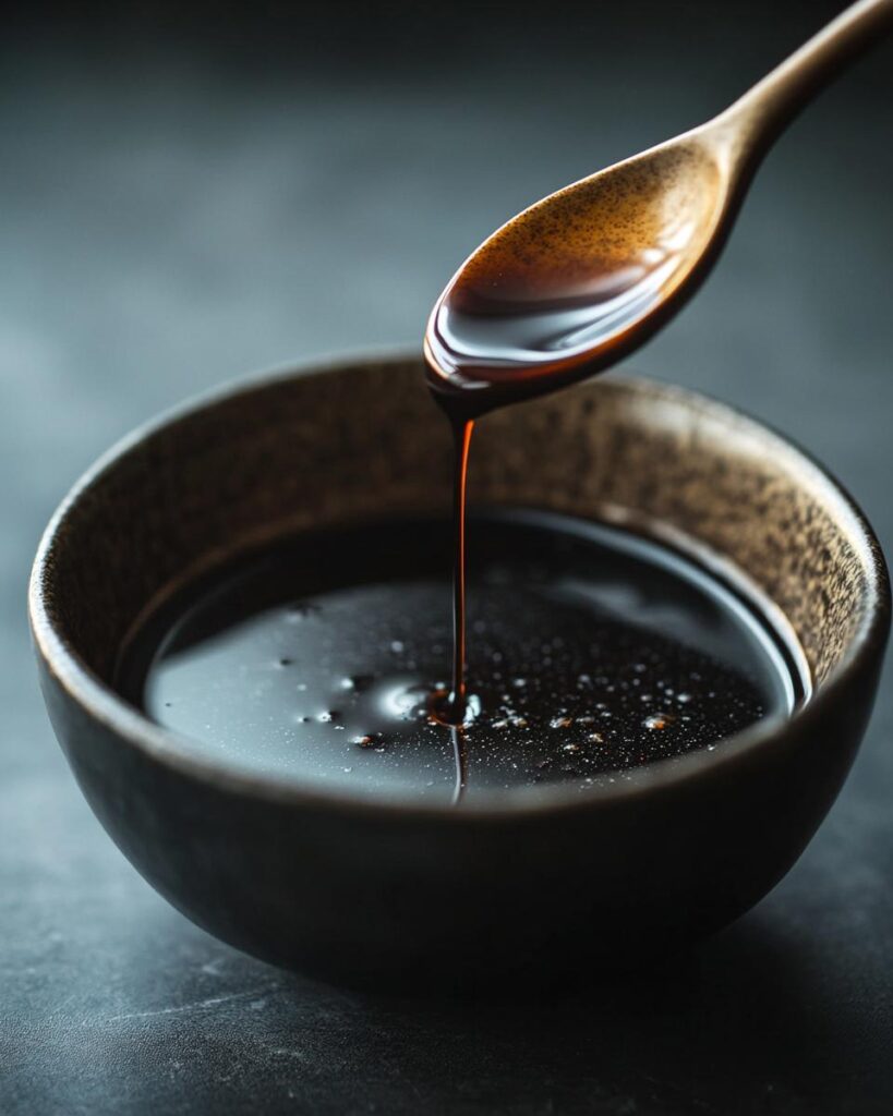 A chef preparing unagi sauce recipe with essential ingredients on a wooden countertop.