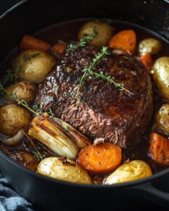 "Home-cooked pot roast recipe dutch oven with fresh vegetables and savory herbs."