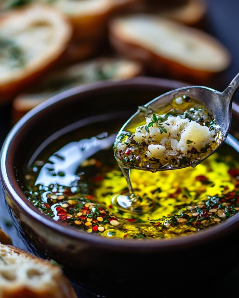 "Ingredients for bread dipping oil recipe displayed on a wooden kitchen counter."