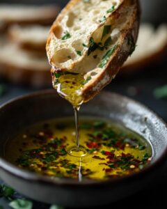 "Ingredients and utensils for bread dipping oil recipe displayed on wooden countertop."