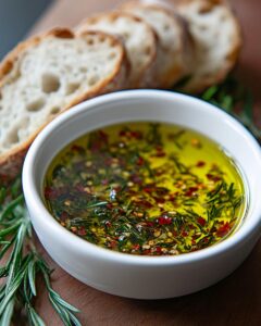 "Ingredients and steps for bread dipping oil recipe on a wooden table setting."