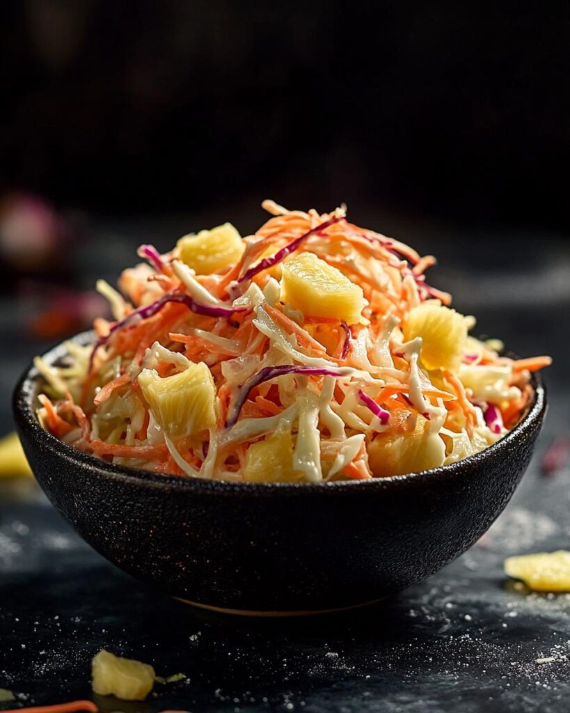 "Colorful bowl of pineapple coleslaw recipe with fresh ingredients and creamy dressing."