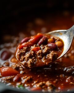 "Delicious bowl of homemade chili, best chili recipe slow cooker, ingredients and spices shown."